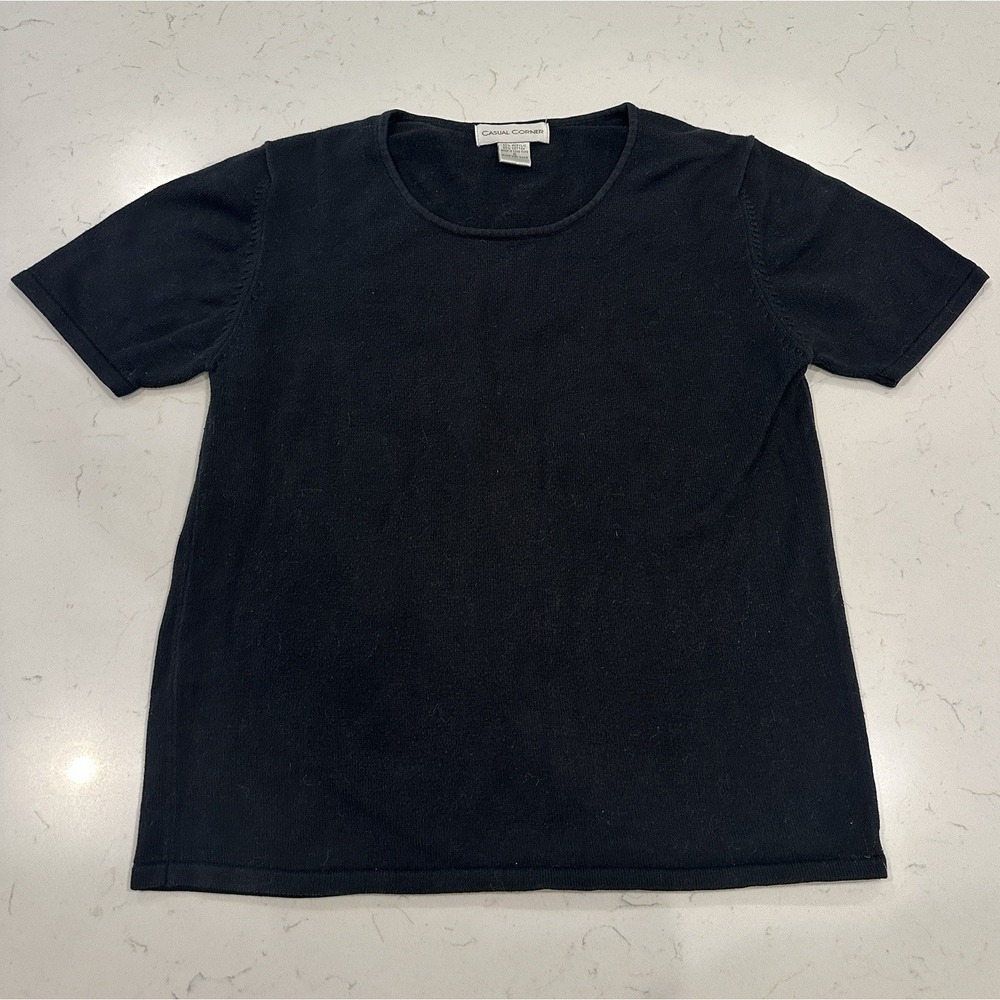 Casual Corner Black Knit Round Neck Short Sleeve Pullover Top Womens Small